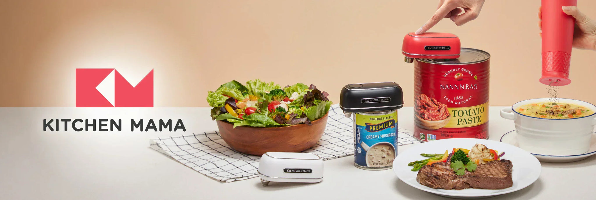 Photo of multiple dishes with the Orbit One can opener on top of a can
