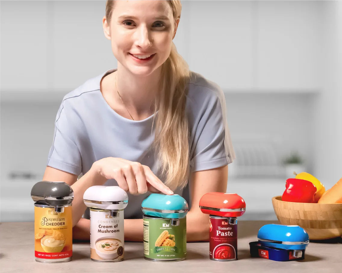 White woman showing the different Kitchen Mama electric can openers