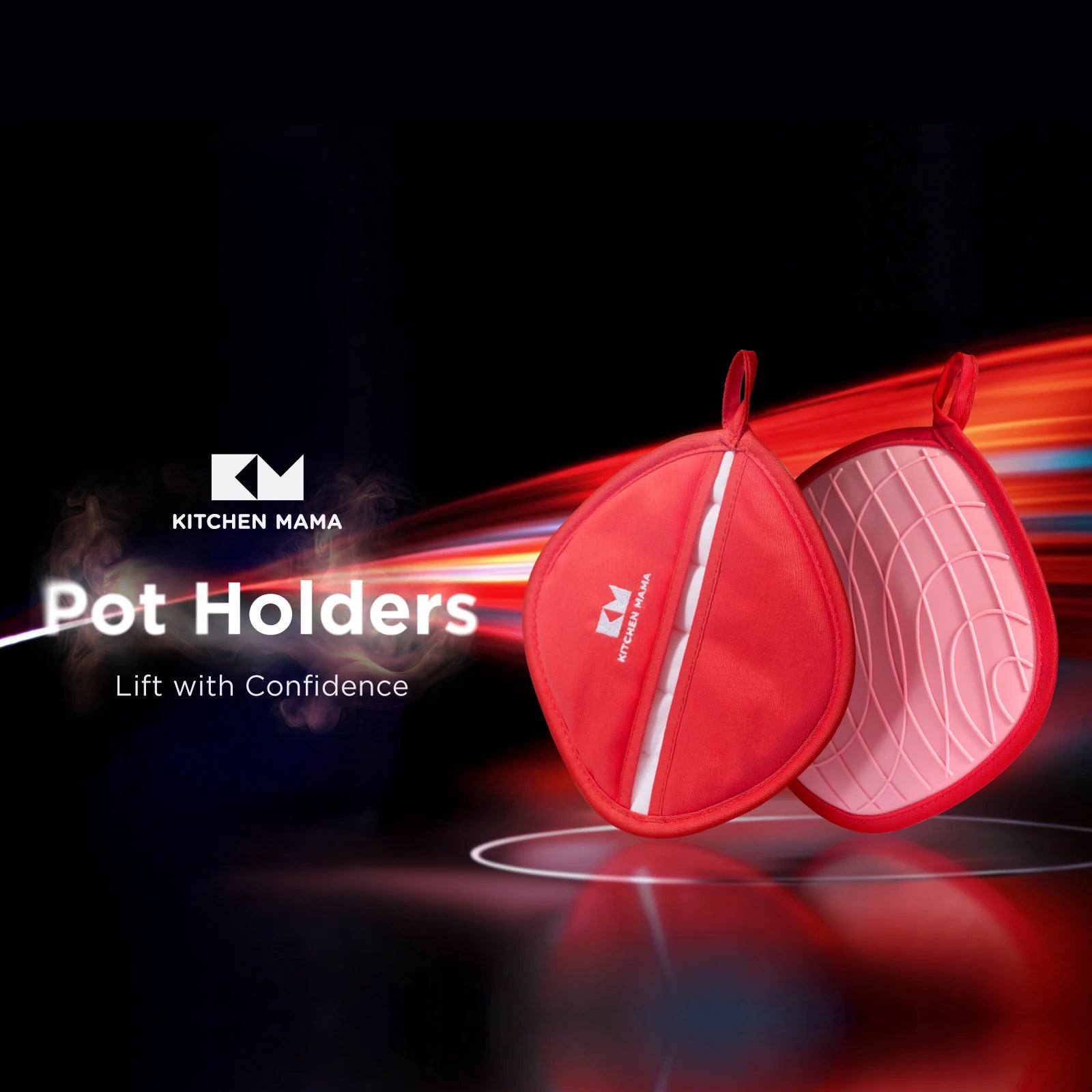 Two red Kitchen Mama silicone pot holders suspended mid-air against a dark background with dynamic light streaks, highlighting their grip and modern design. Text overlay: "Lift with Confidence."