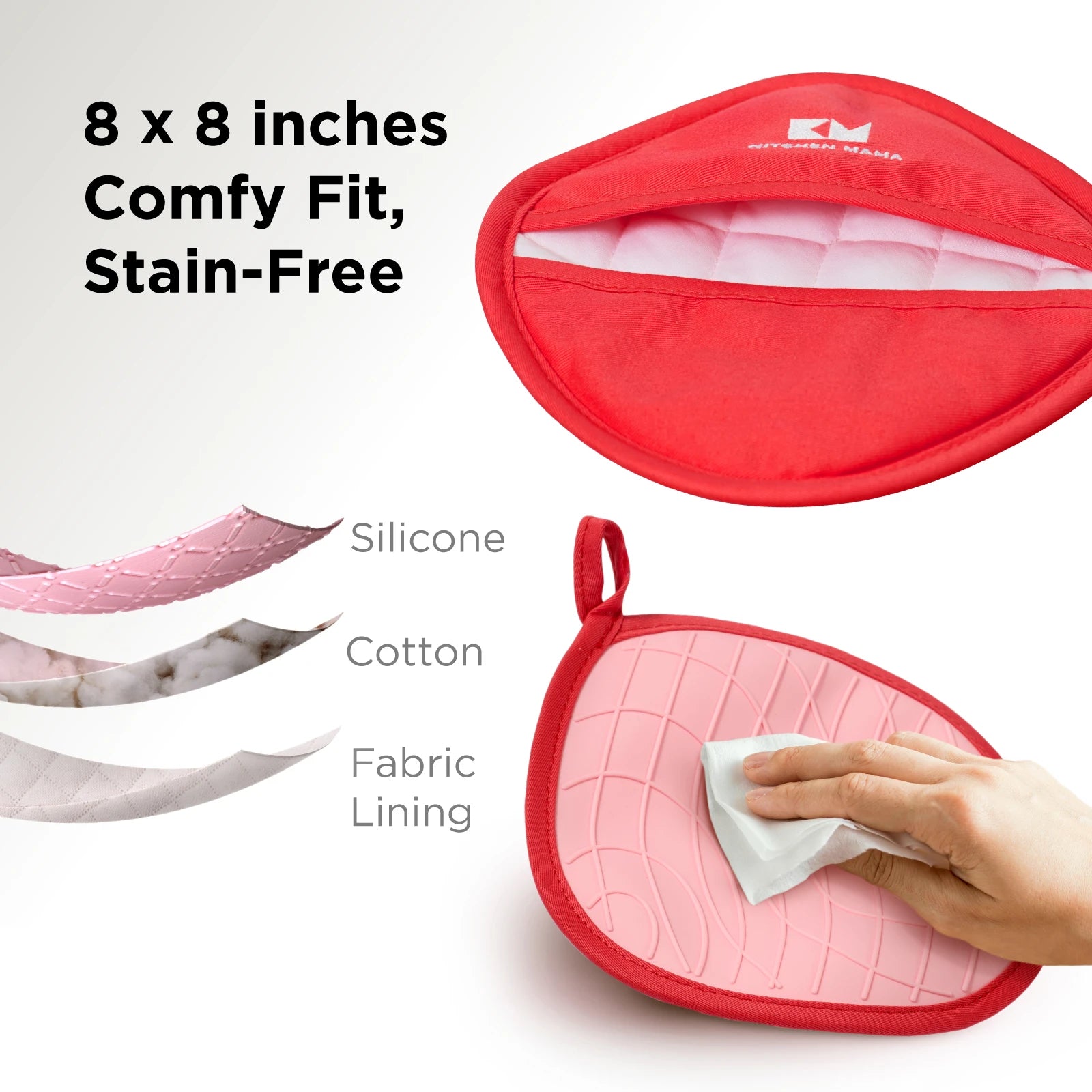 Close-up of a red Kitchen Mama pot holder being cleaned with a wipe, showcasing the soft pink silicone side. Layered diagram displays silicone, cotton, and fabric lining. Text: "8 x 8 inches – Comfy Fit, Stain-Free."